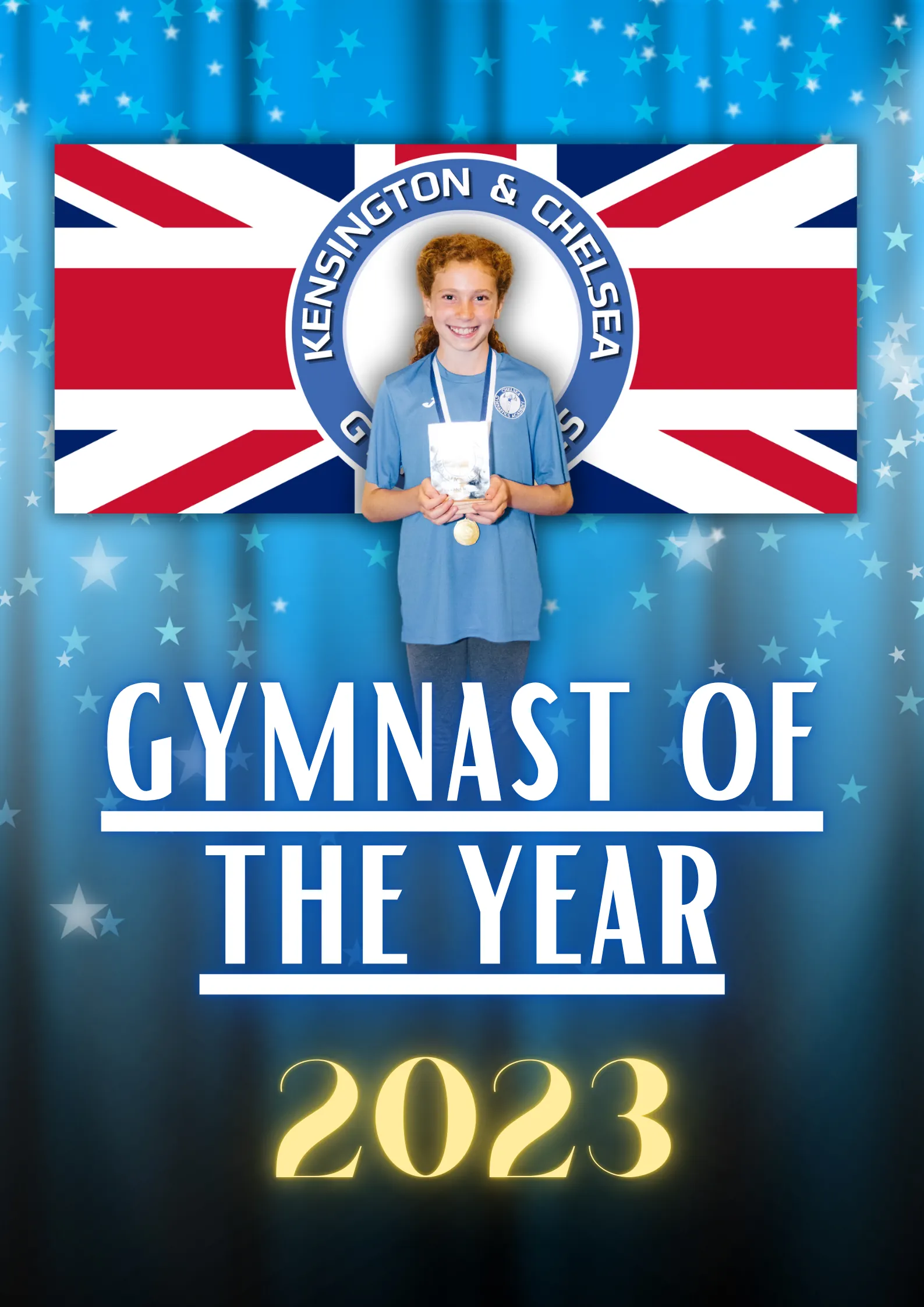 Gymnast of the Year 2023 at Kensington & Chelsea Gymnastics Academy proudly holding the annual trophy for outstanding performance.