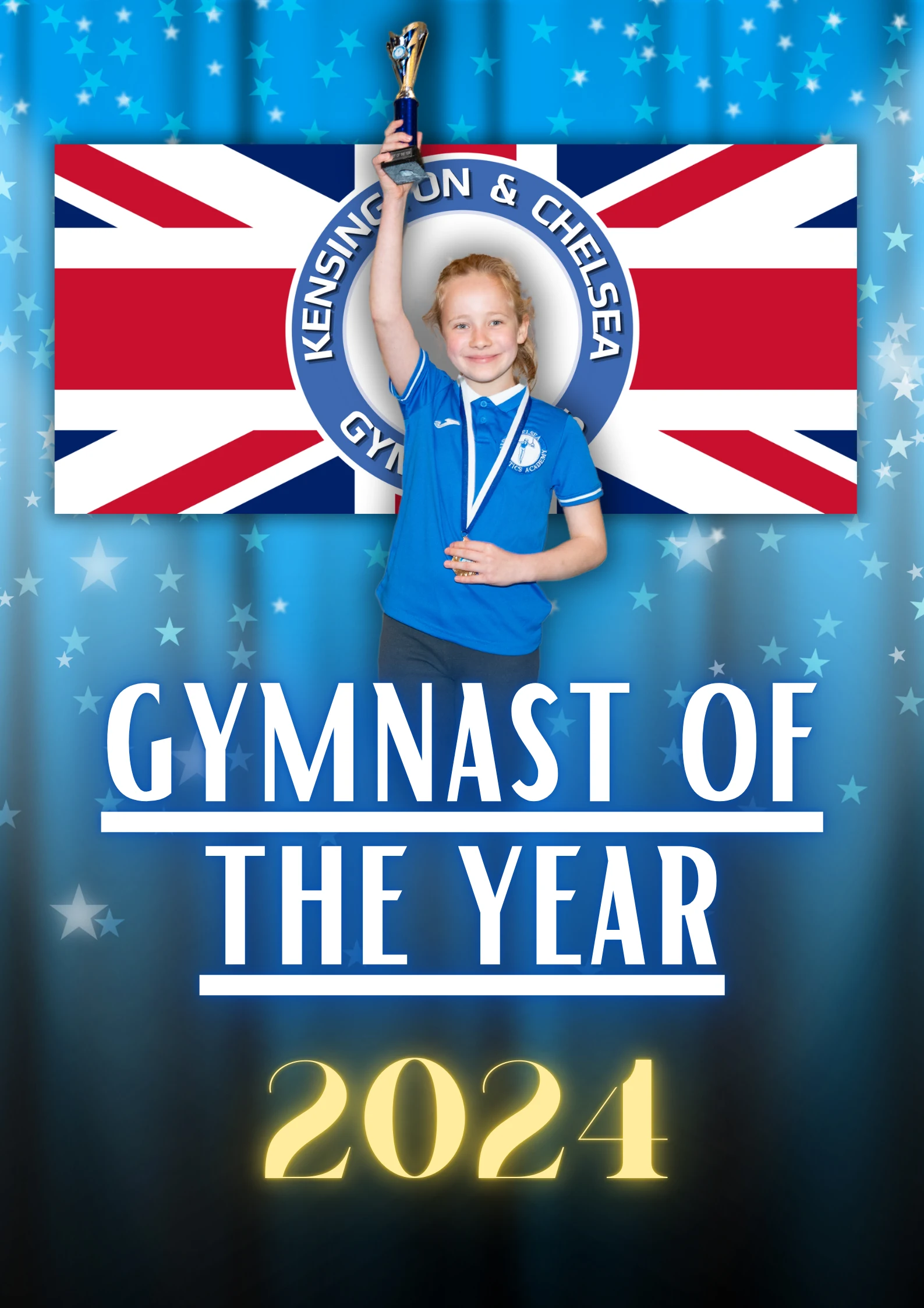 Gymnast of the Year 2024 from Kensington & Chelsea Gymnastics Academy celebrating success in front of the academy’s logo and UK flag.