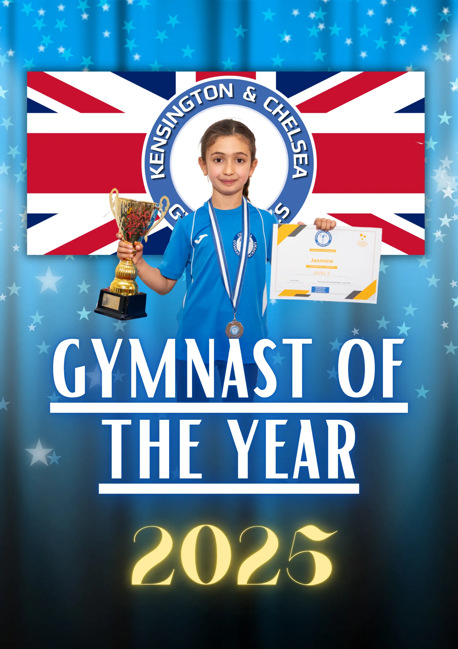 Gymnast of the Year 2025 from Kensington & Chelsea Gymnastics Academy holding a trophy after the annual celebration in London.