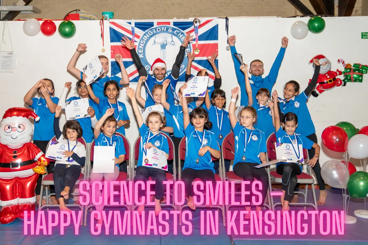 Group of smiling children after gymnastics class at Kensington & Chelsea Gymnastics.