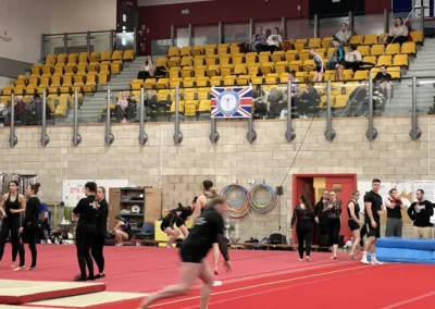Chelsea Gymnastics club flag hanging on the balcony inside Milton Keynes Gymnastics during the 2023 adult competition.