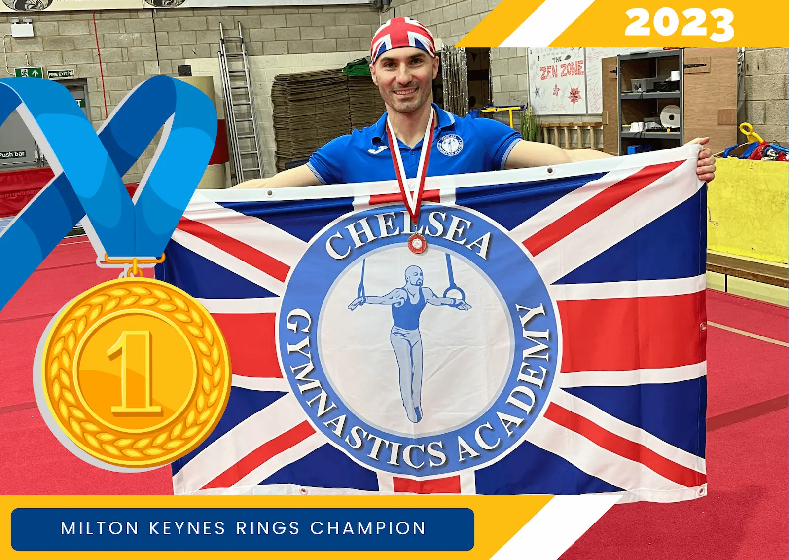 Stefan Kolimechkov with KCGA flag and medal after winning rings at Milton Keynes 2023.