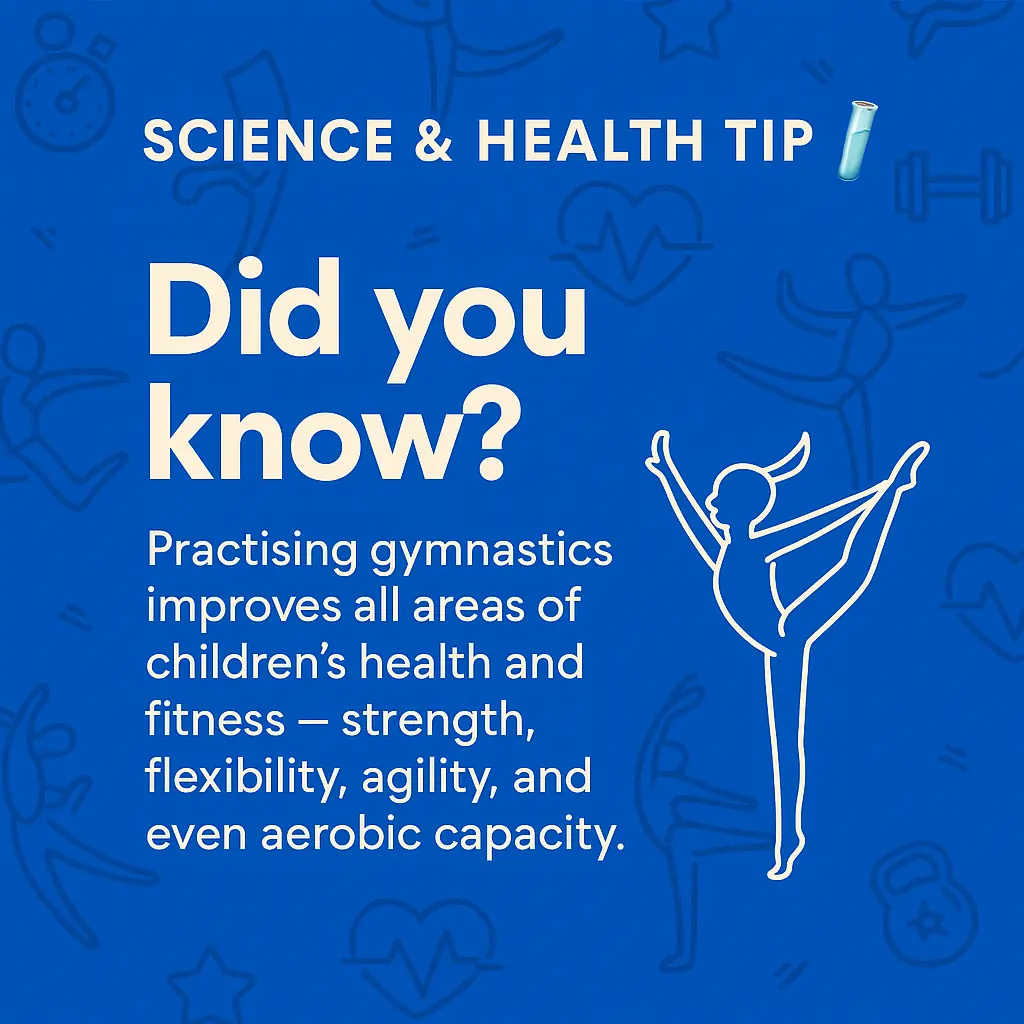 Science and Health Tip: Gymnastics improves strength, flexibility, agility, and aerobic fitness in children — KCGA educational graphic.