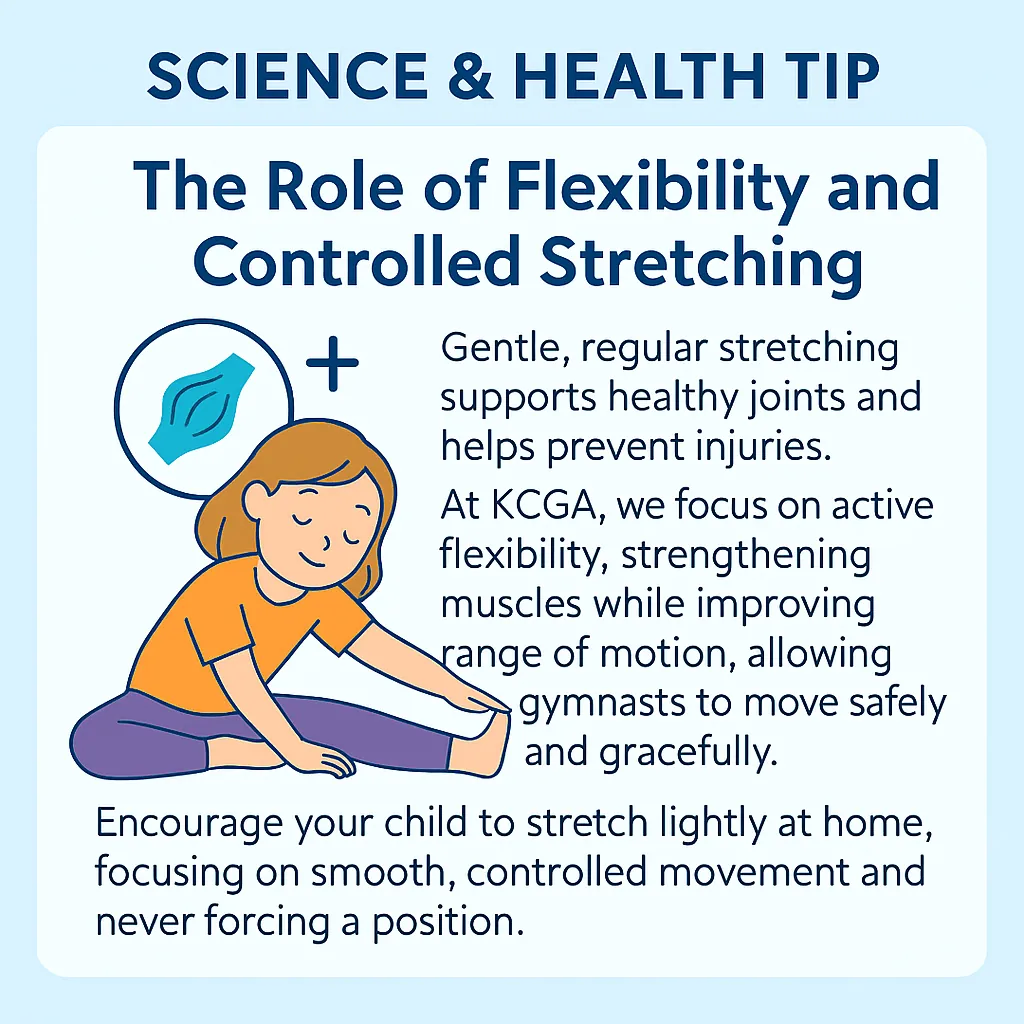 Science and Health Tip: The role of flexibility and controlled stretching for young gymnasts, KCGA educational graphic.