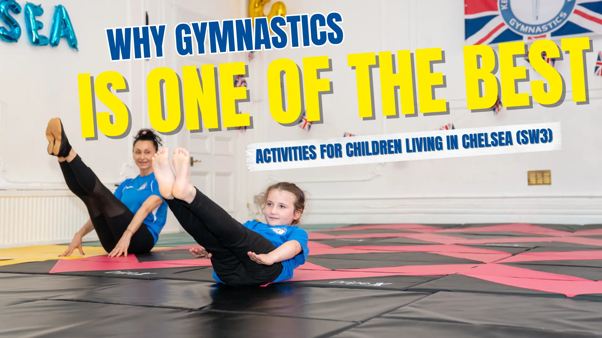 Child practising gymnastics in the new Chelsea Gymnastics location with a coach, demonstrating strength and balance during children’s gymnastics classes in Chelsea SW3.