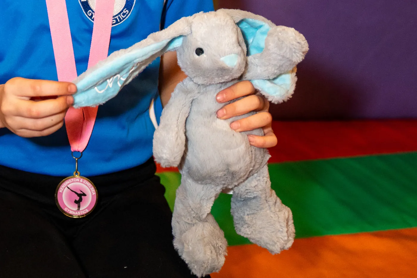KCGA Easter 2025 gymnastics medal and Chelsea Bunny gift presented to children in London