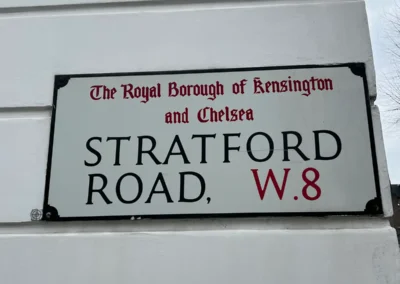 Street sign for Stratford Road W8 in the Royal Borough of Kensington and Chelsea, near the Kensington Studio of KCGA