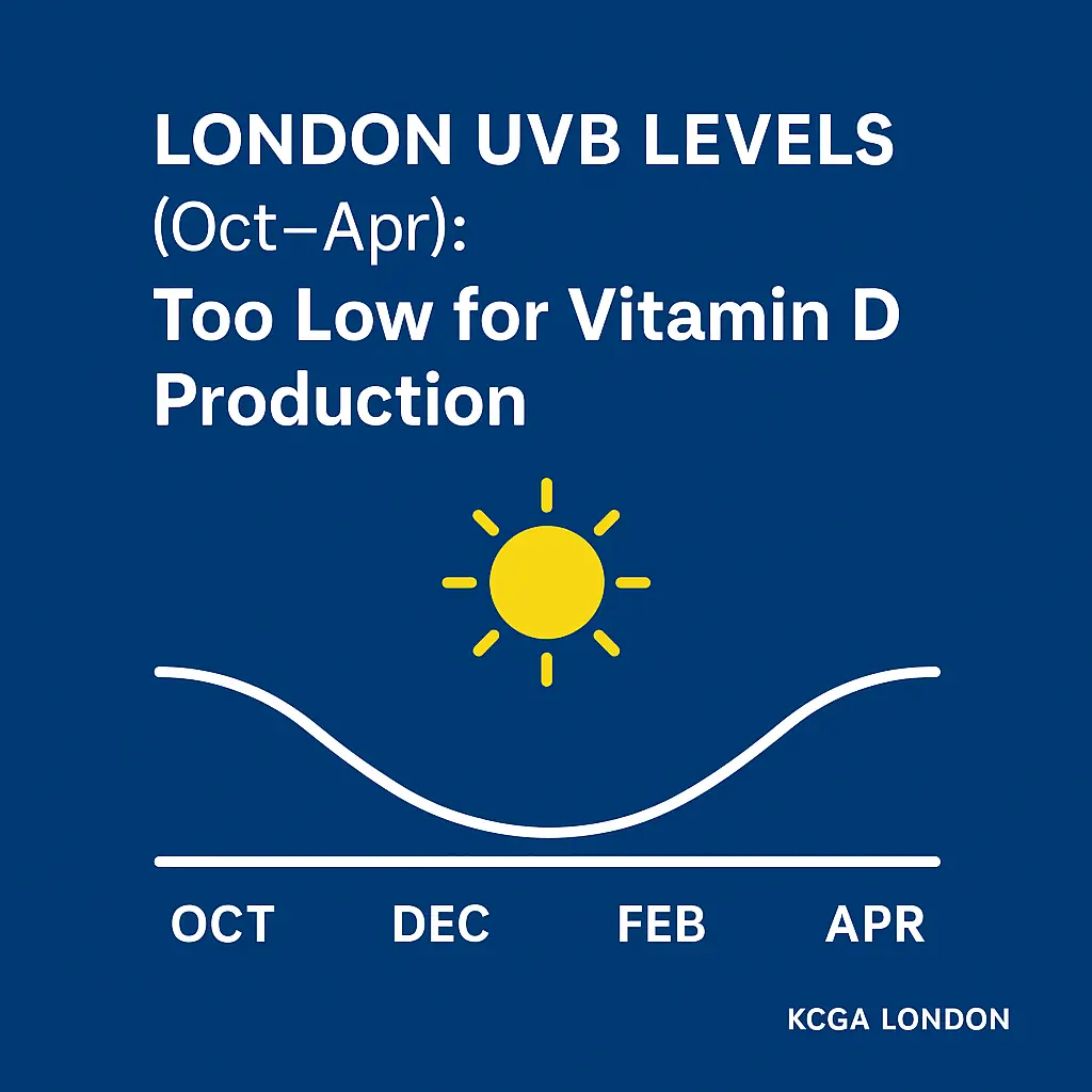 Square infographic showing London’s UVB sunlight levels from October to April, illustrating that UVB is too low during these months for the body to produce vitamin D. KCGA London branding included.