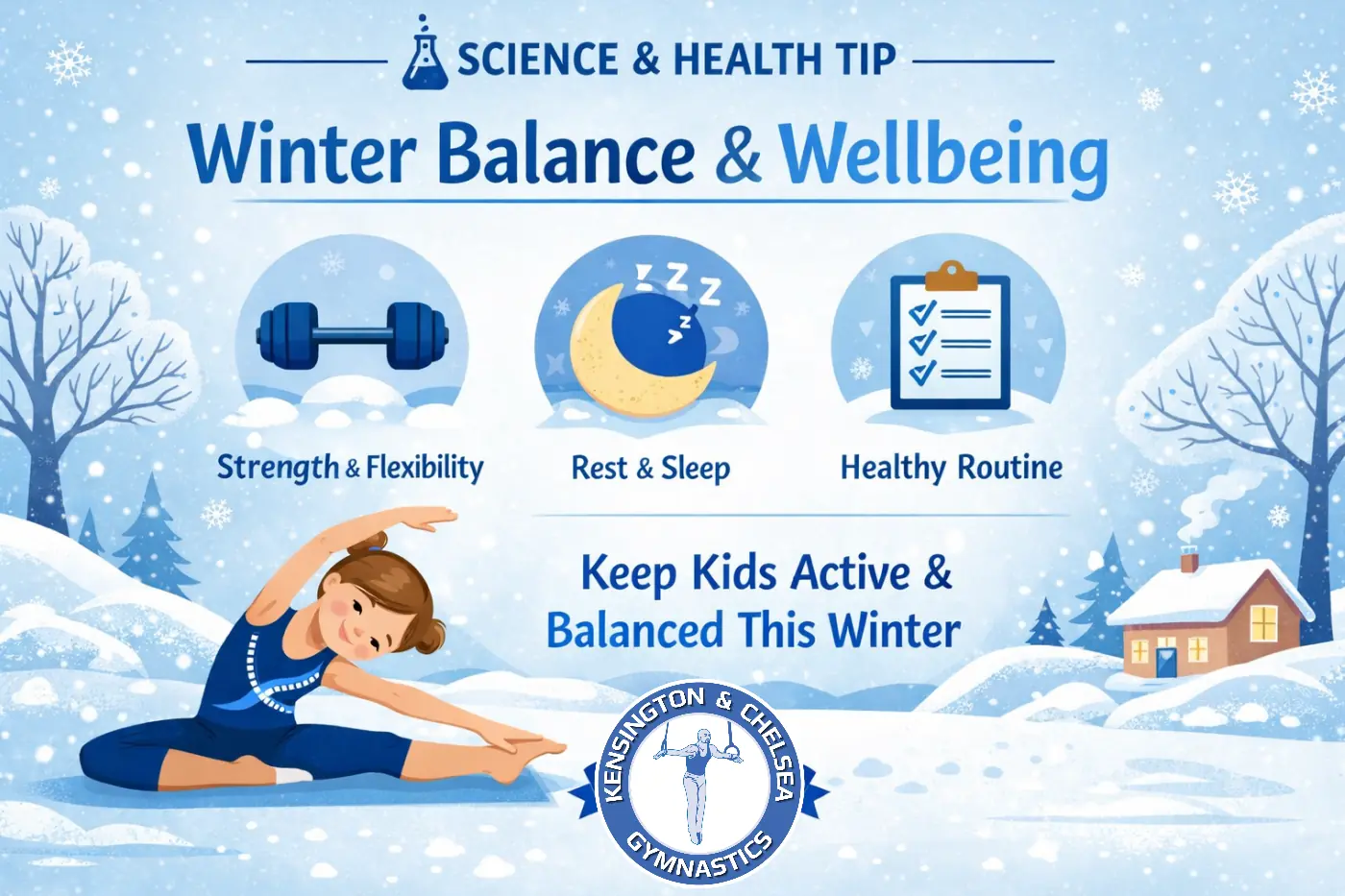Illustrated science and health tip highlighting winter balance and wellbeing for children, focusing on strength, rest, and healthy routines.