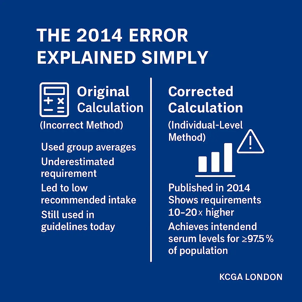 Infographic comparing the original incorrect vitamin D calculation with the corrected 2014 method, showing how the recommended intake was underestimated and why guidelines remain unchanged.