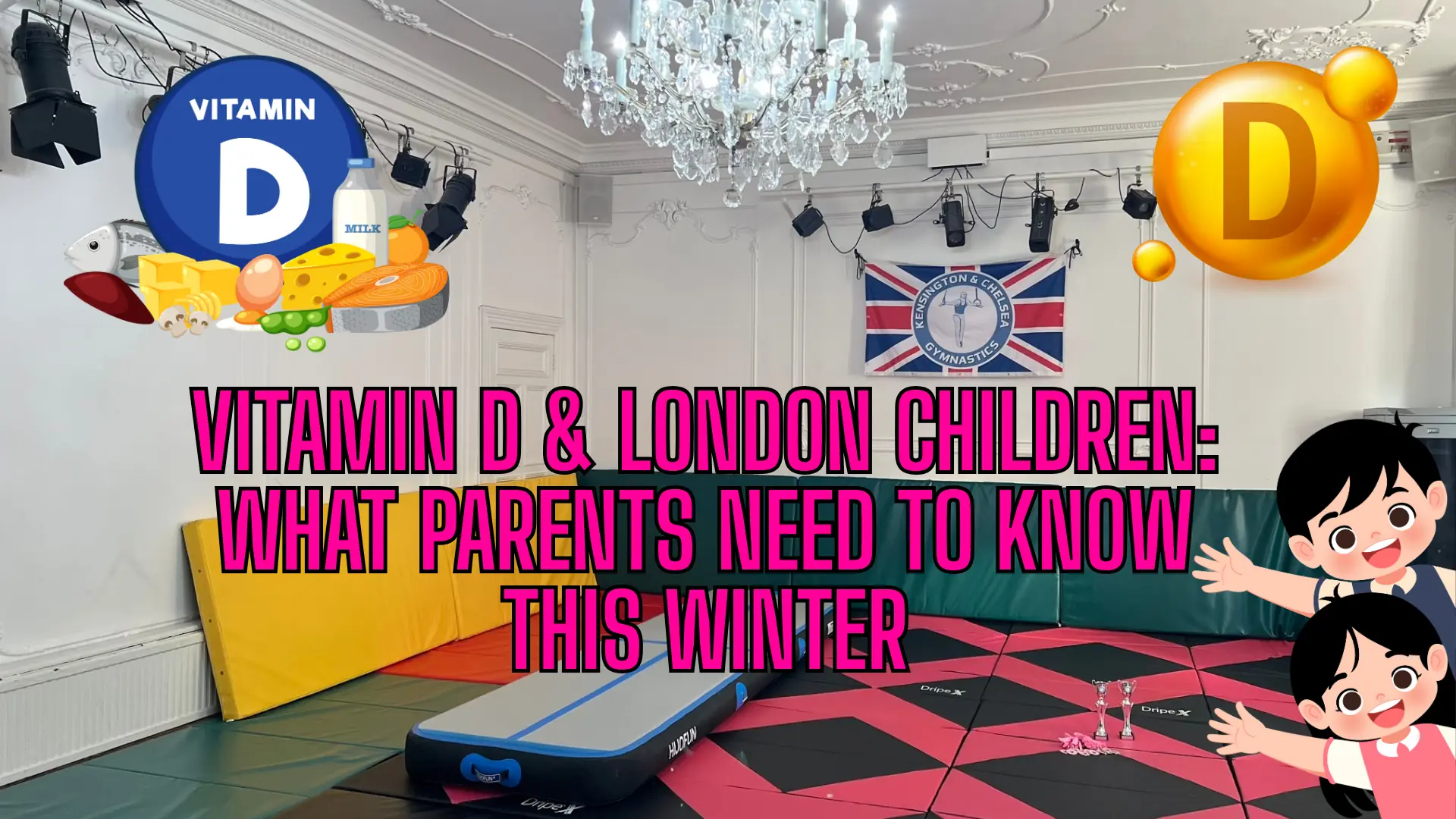 Children in London practising gymnastics indoors with natural sunlight, illustrating the importance of vitamin D for healthy growth.