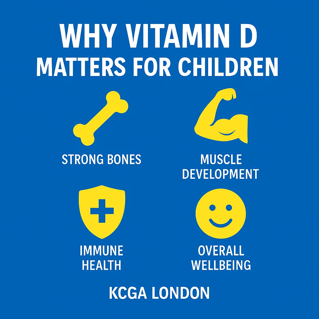 Square infographic explaining why vitamin D matters for children, showing icons for strong bones, muscle development, immune health, and overall wellbeing. KCGA London branding included.