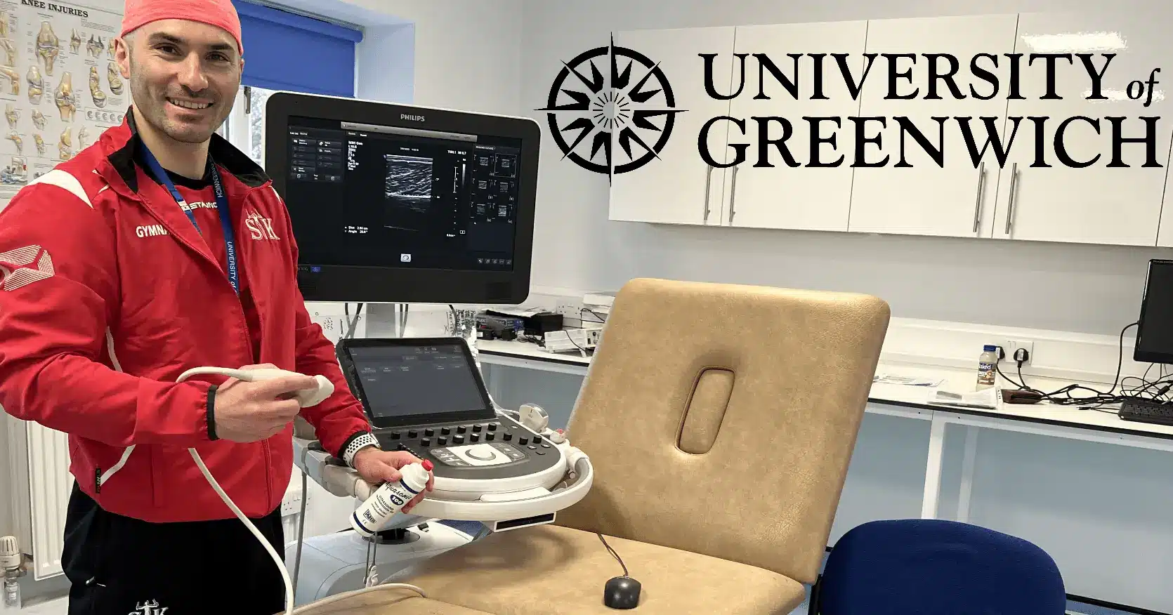 Dr Stefan Kolimechkov using the MSK ultrasound at the University of Greenwich, London, United Kingdom.