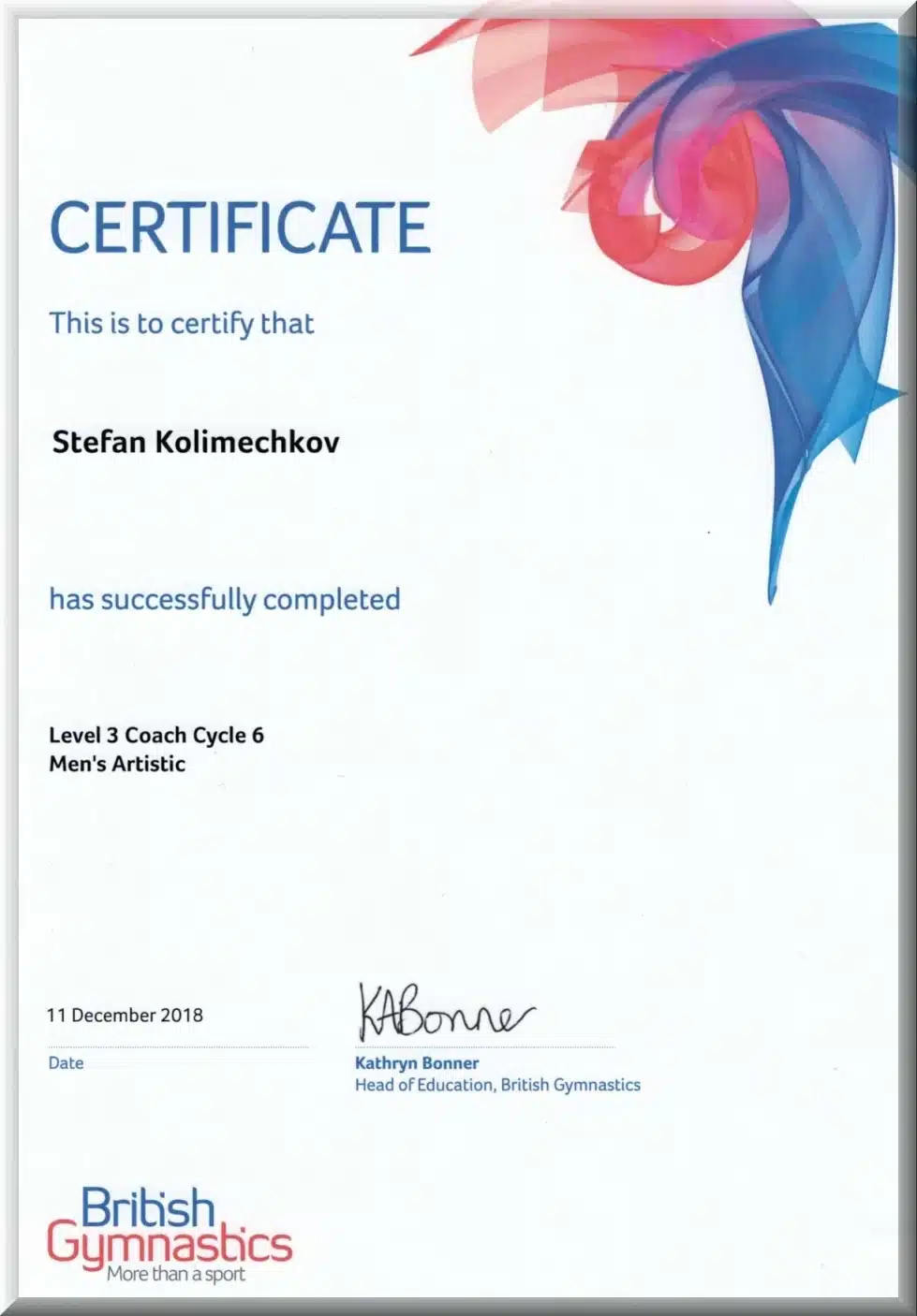 British Gymnastics Level 3 Men’s Artistic coaching qualification awarded to Stefan Kolimechkov in 2018