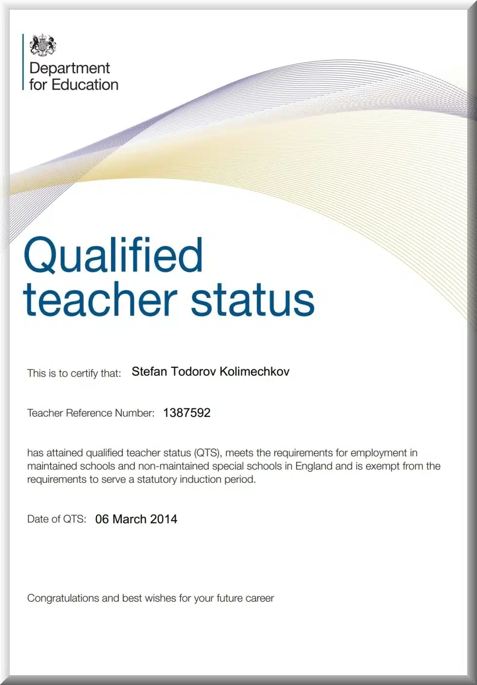 Qualified Teacher Status certificate awarded to Stefan Todorov Kolimechkov by the Department for Education in England