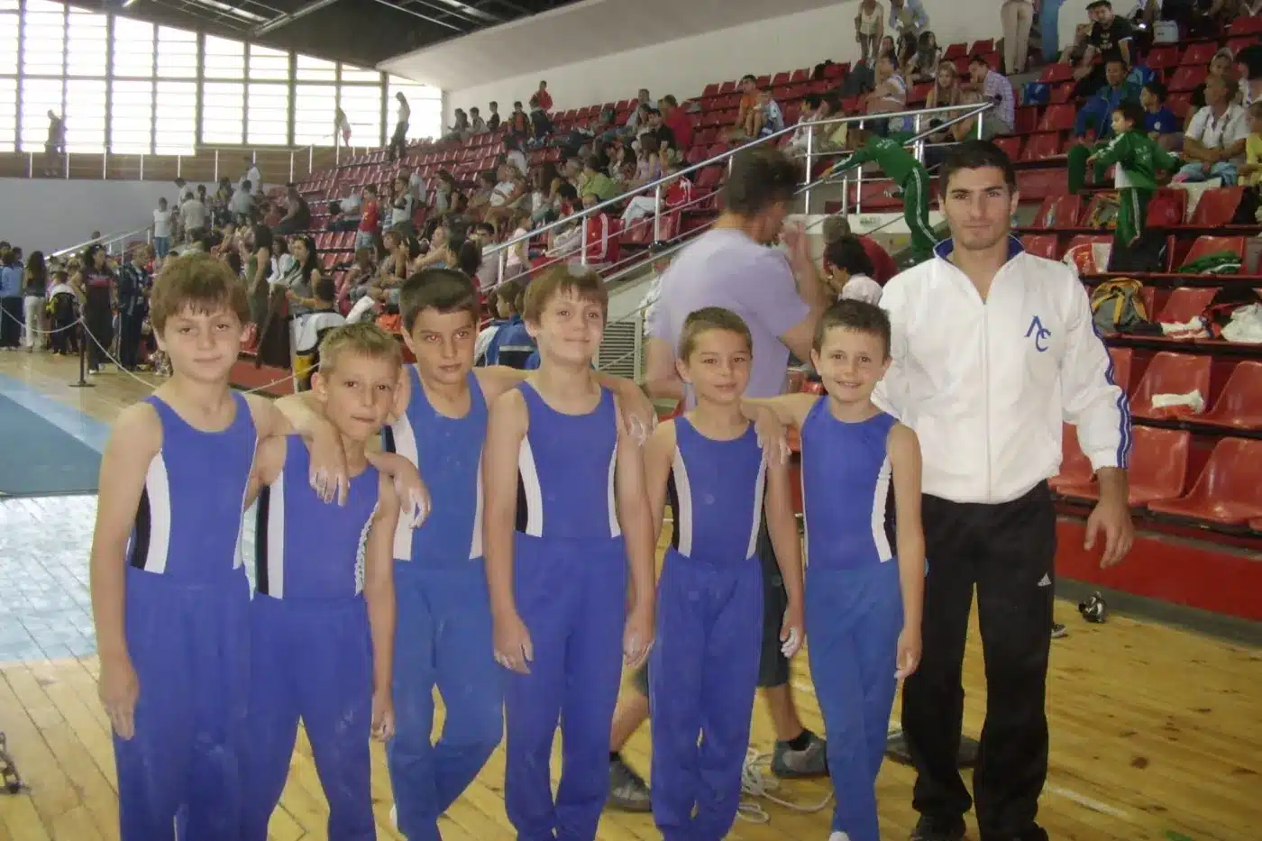 Boys’ artistic gymnastics squad coached by Stefan Kolimechkov at the Bulgarian Championships, Sofia, 2009