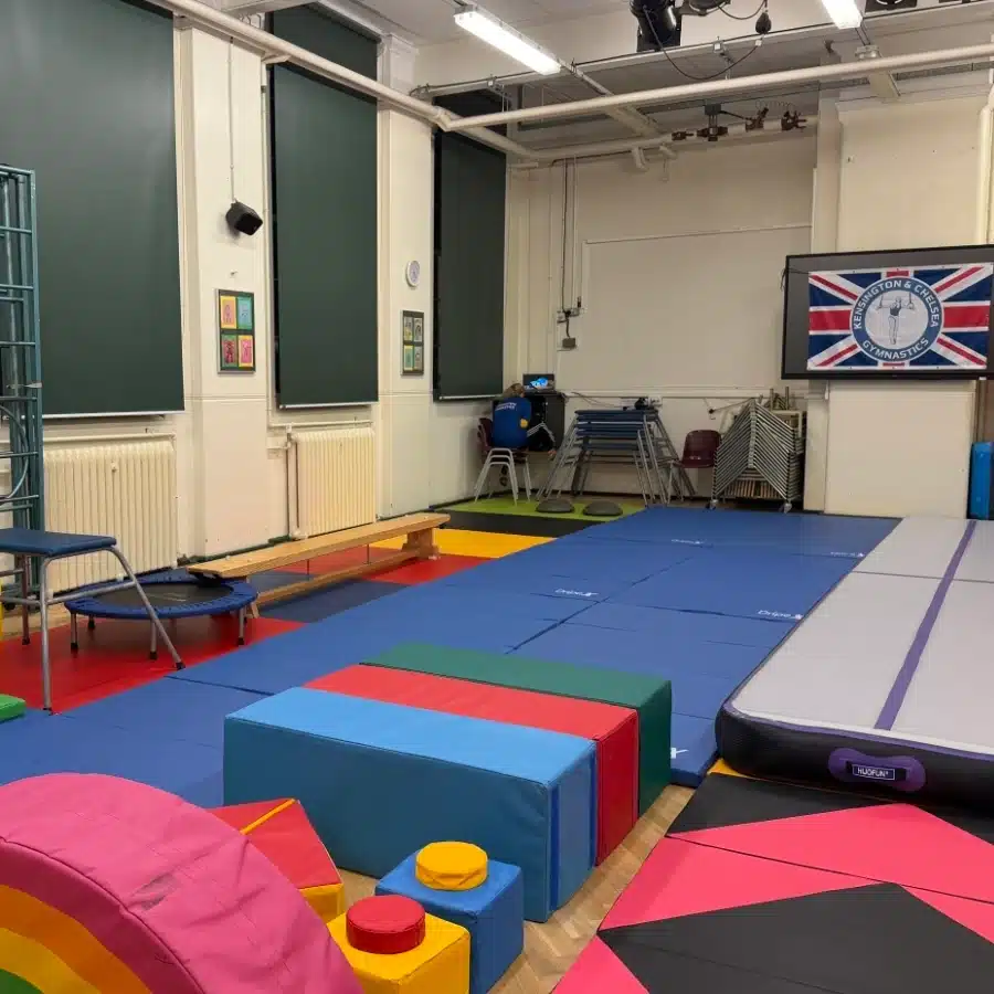 Gymnastics training space at Park Walk School in Chelsea near King’s Road, showing KCGA mats and equipment set up for children’s group classes.