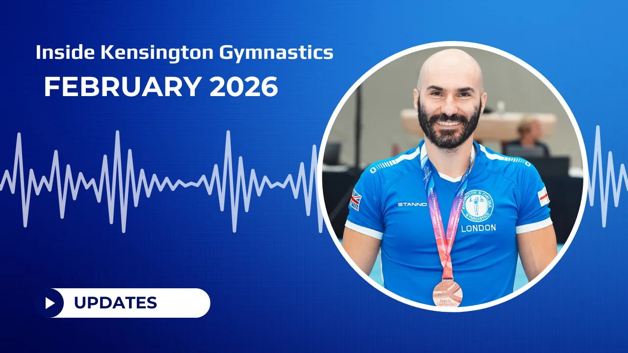 Inside Kensington Gymnastics February 2026 video update thumbnail with KCGA coach portrait on blue background