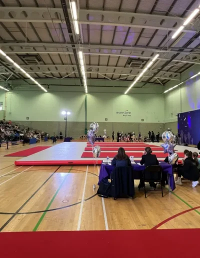Competition arena at the 2025 Essex Invitational by High 10 Gymnastics Events at Basildon Sporting Village.