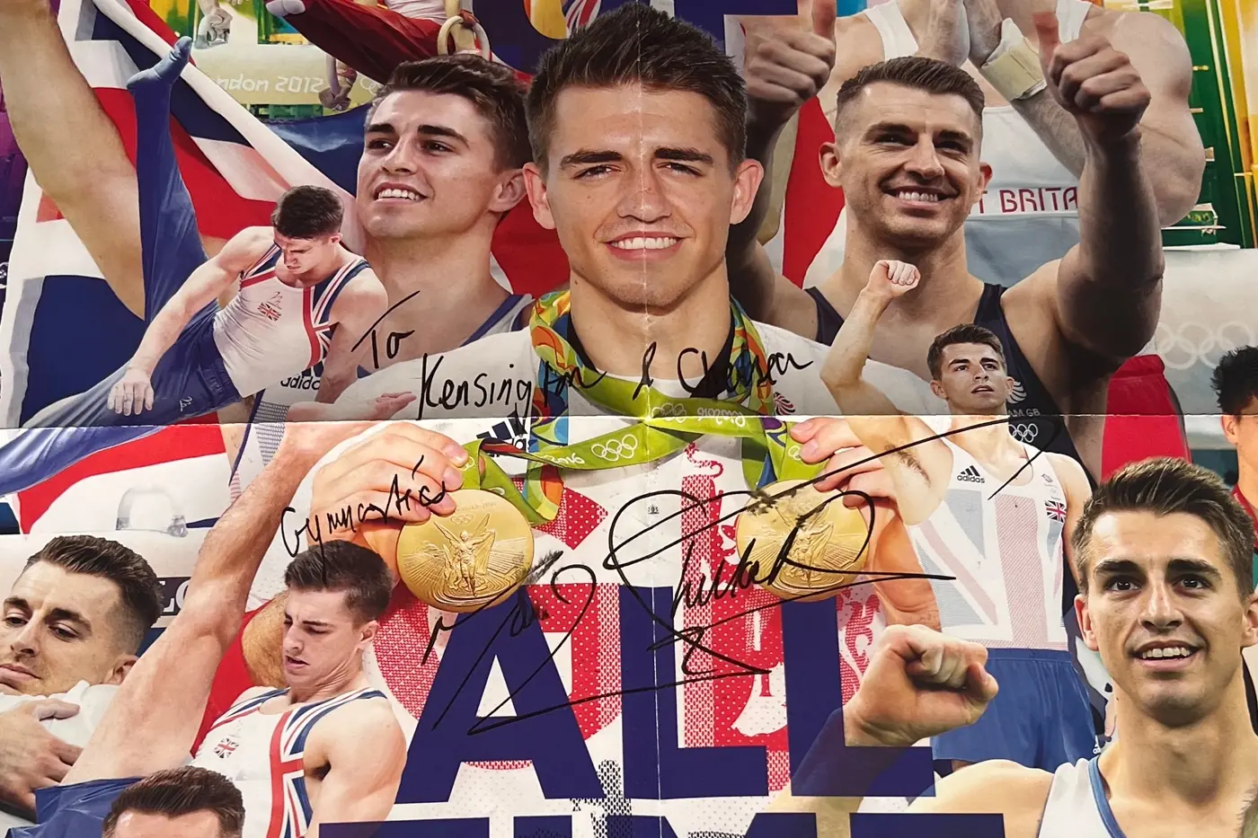 Signed Max Whitlock Olympic poster dedicated to Kensington & Chelsea Gymnastics Academy at the 2025 Essex Invitational.