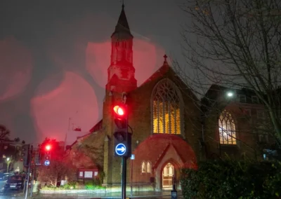 St Philip’s Church in Kensington London at night during Christmas gymnastics event