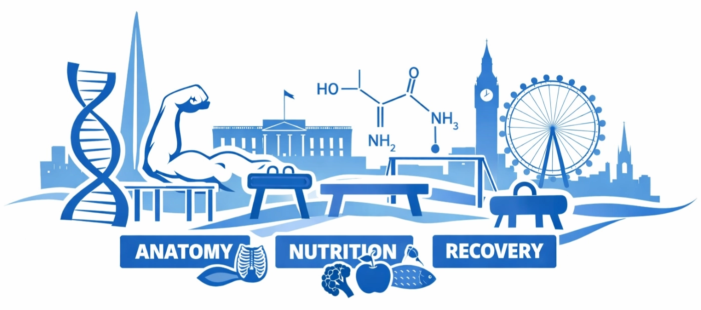 Illustration representing foundations of gymnastics education, including anatomy, nutrition, recovery, strength, and London skyline elements