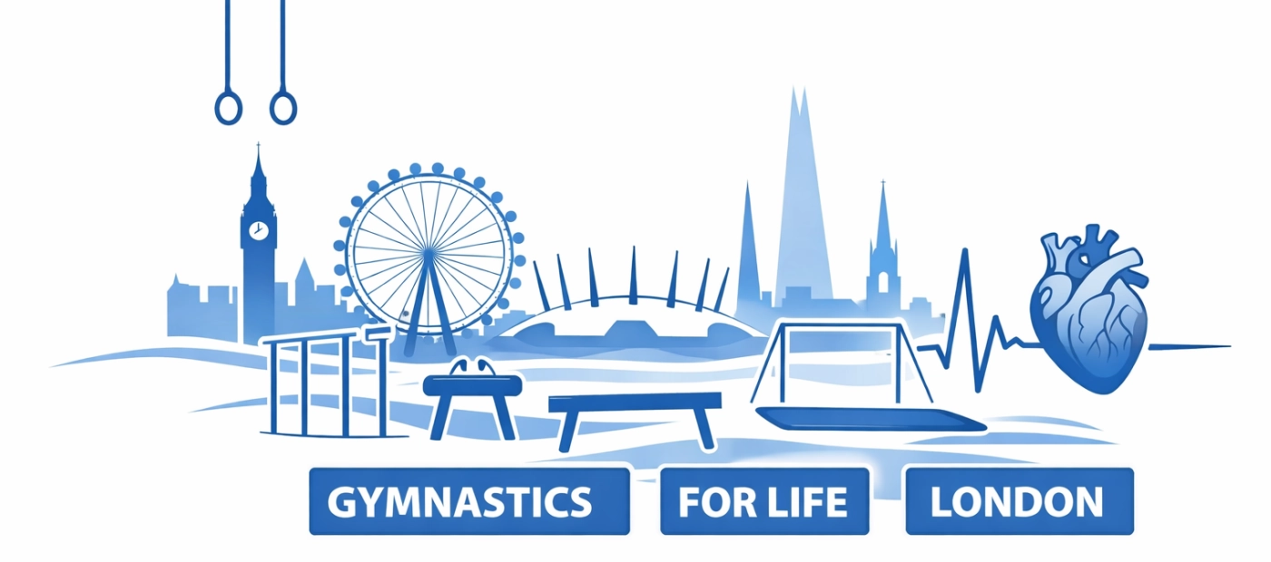Illustration representing lifelong gymnastics and health in London, featuring gymnastics apparatus, London skyline, and heart and cardiovascular symbols