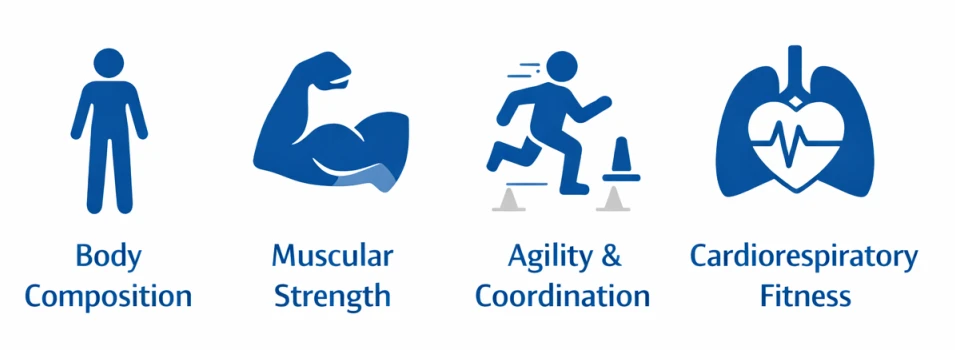Icons representing body composition, muscular strength, agility and coordination, and cardiorespiratory fitness in children