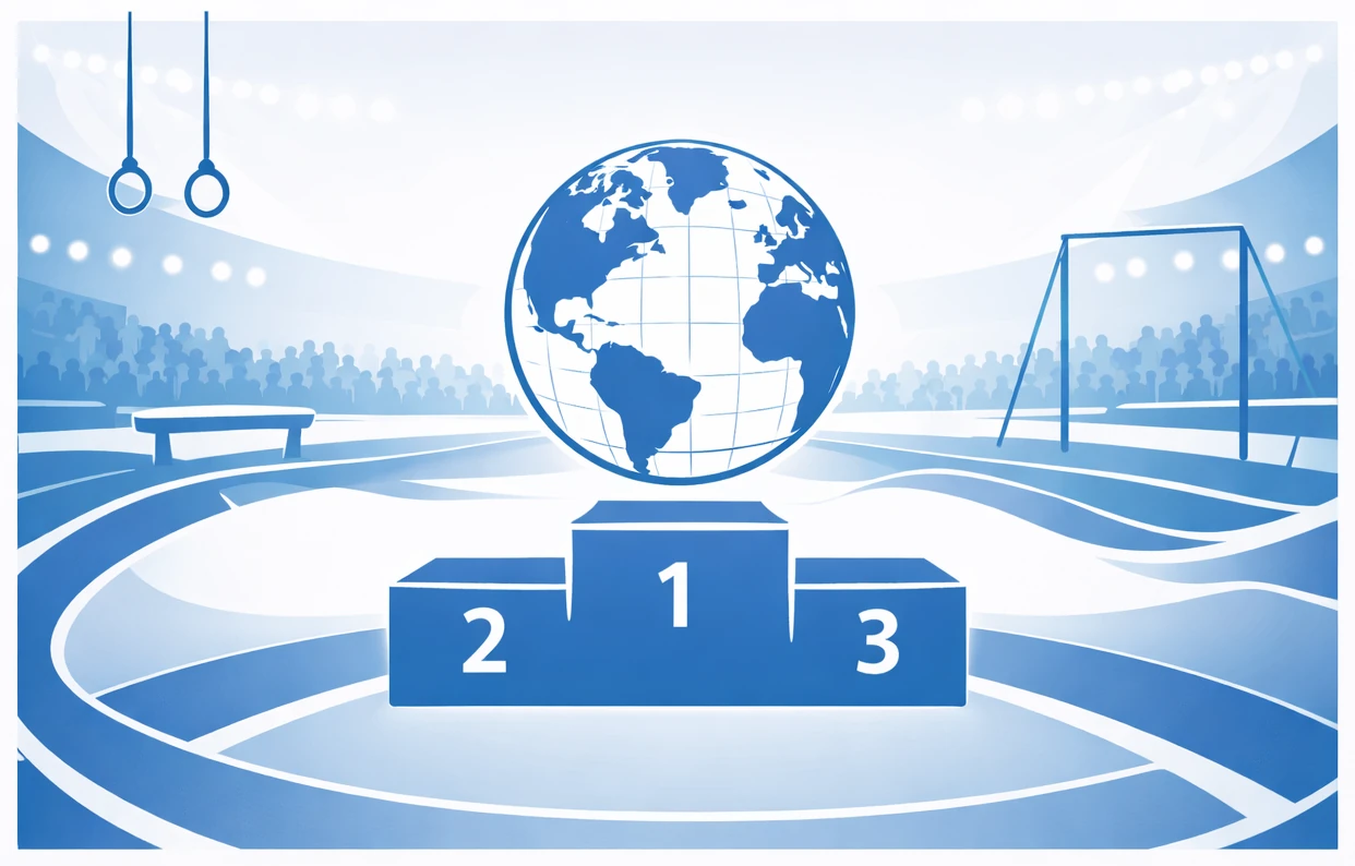 Illustration of a globe on a competition podium inside a gymnastics arena, representing world championships and Olympic-level gymnastics