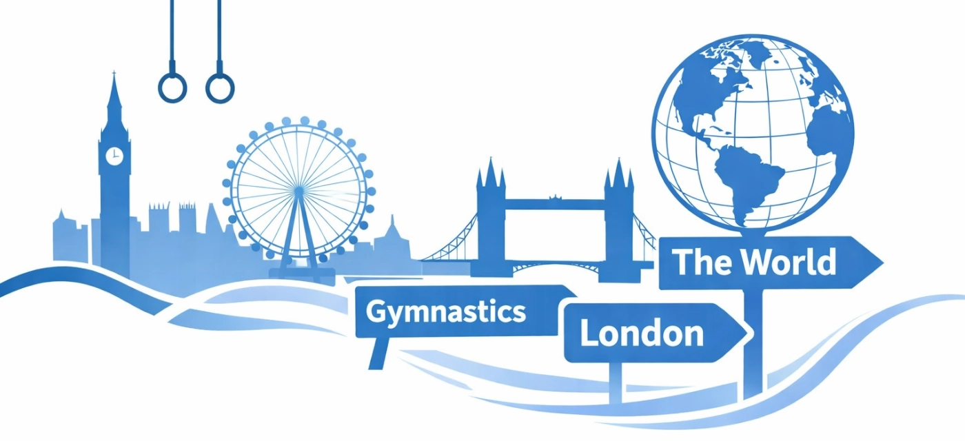 Illustration representing gymnastics in London and the wider world, featuring London landmarks, a globe, and directional signs for gymnastics