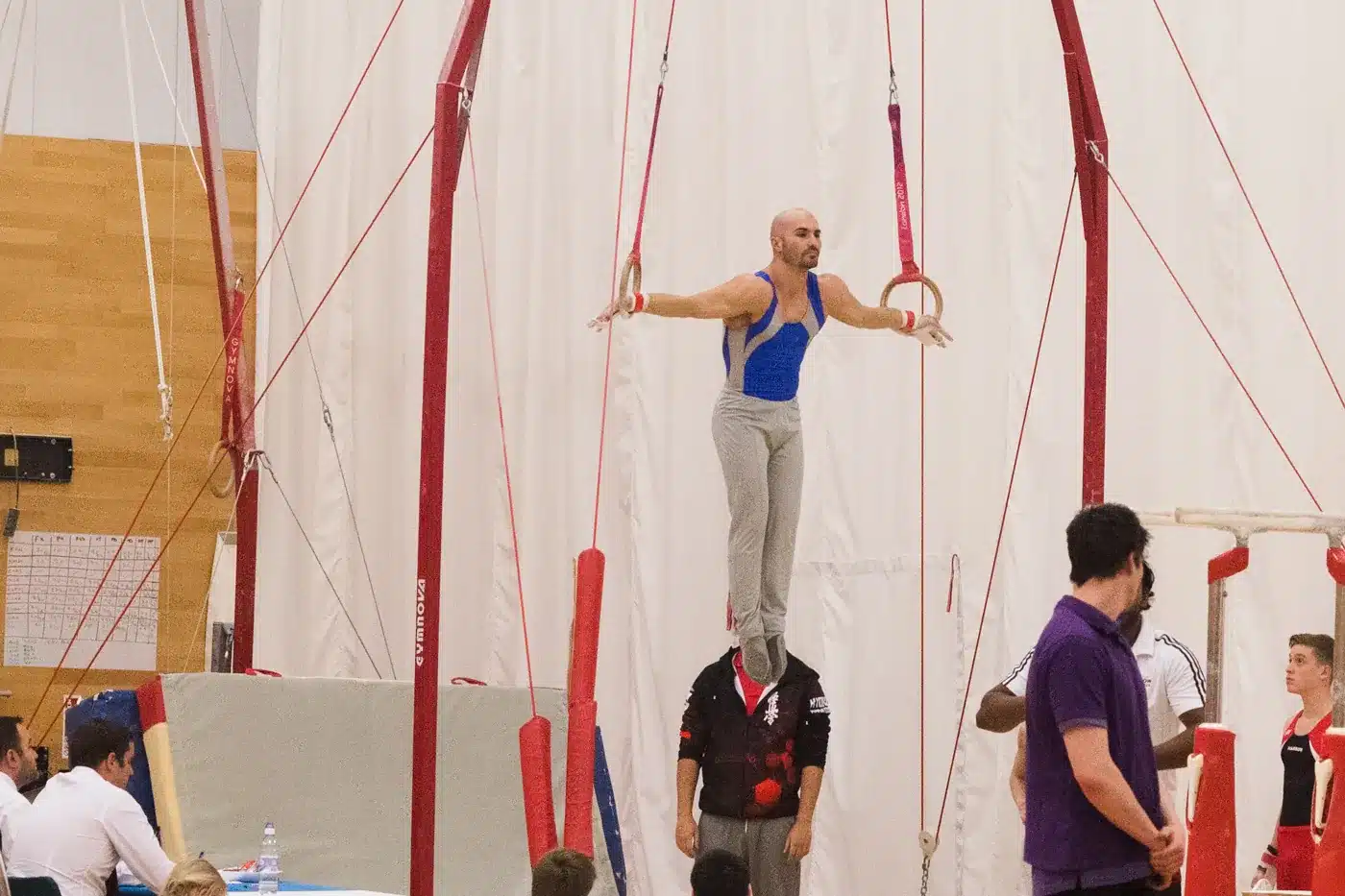 Stefan Kolimechkov performing an iron cross on rings at the 2017 London Regional Gymnastics Championships in London