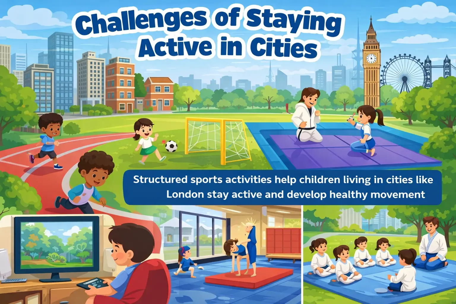 Illustration showing children staying active in a city environment with parks, indoor sports classes, running tracks and structured sports activities in London.