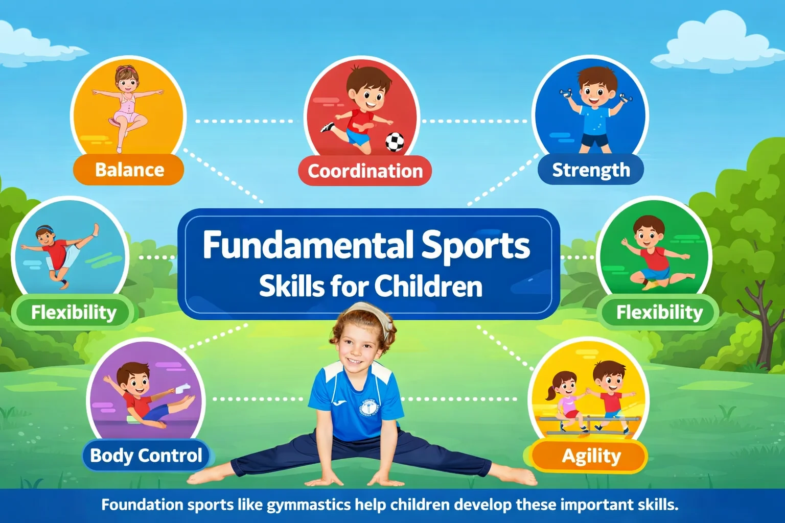 Infographic showing fundamental movement skills for children including balance, coordination, strength, agility, flexibility and body control developed through foundation sports like gymnastics.