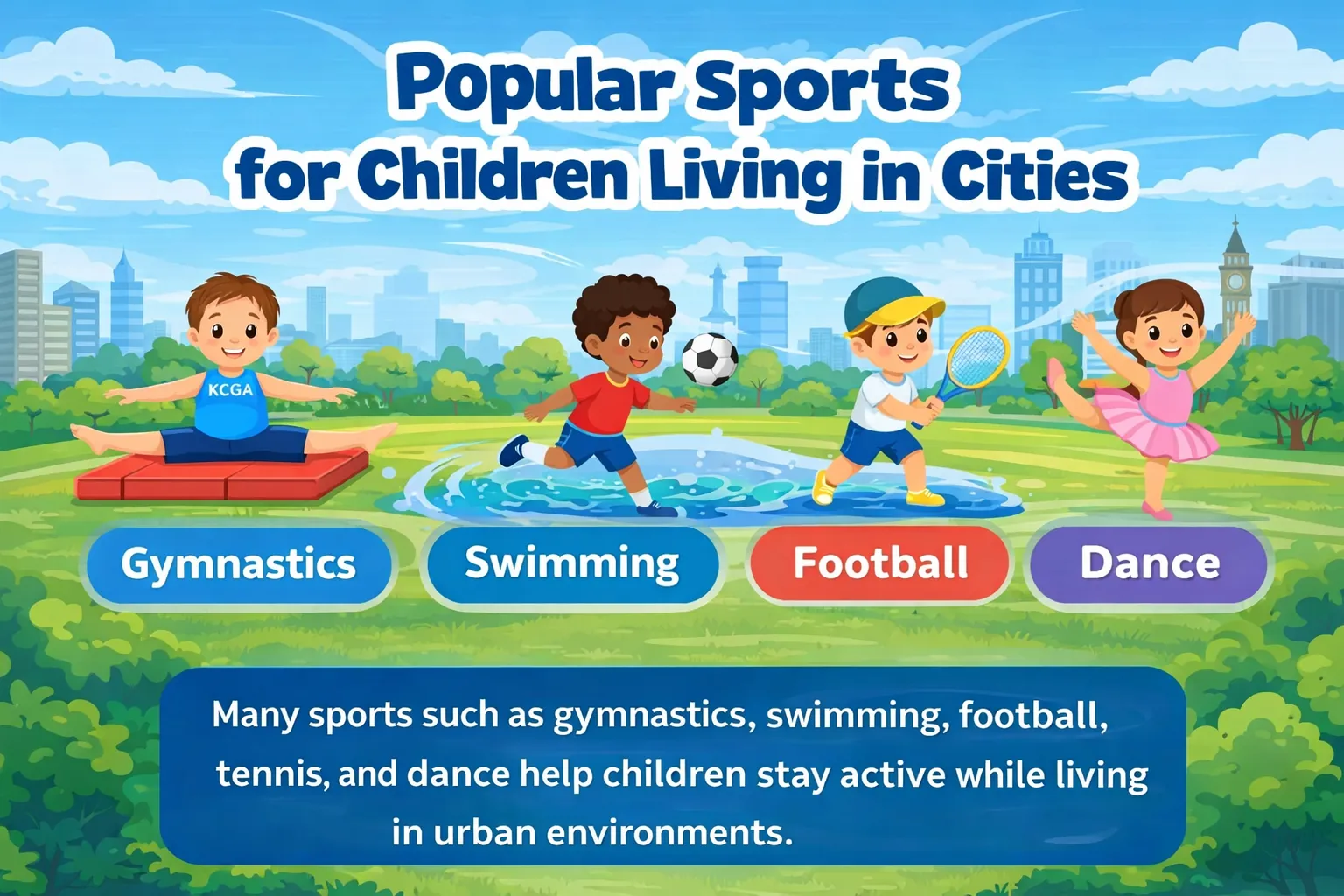 Illustration showing popular sports for children living in cities including gymnastics, swimming, football, tennis and dance in an urban environment.