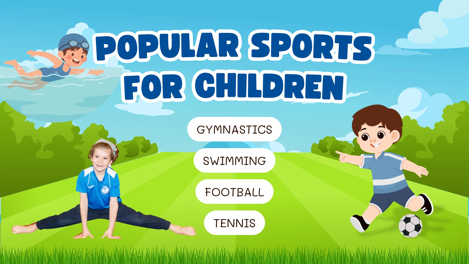 Illustration showing popular sports for children including gymnastics, swimming, football and tennis in Kensington and Chelsea, London.