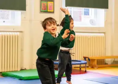Young children jumping during a KCGA gymnastics class in Chelsea, London SW3 during Easter 2026