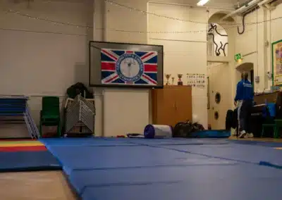 Interior of the KCGA Chelsea gymnastics hall at Park Walk School in Chelsea, London