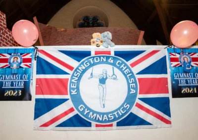 Kensington and Chelsea Gymnastics flag displayed during Easter 2026 gymnastics sessions in London
