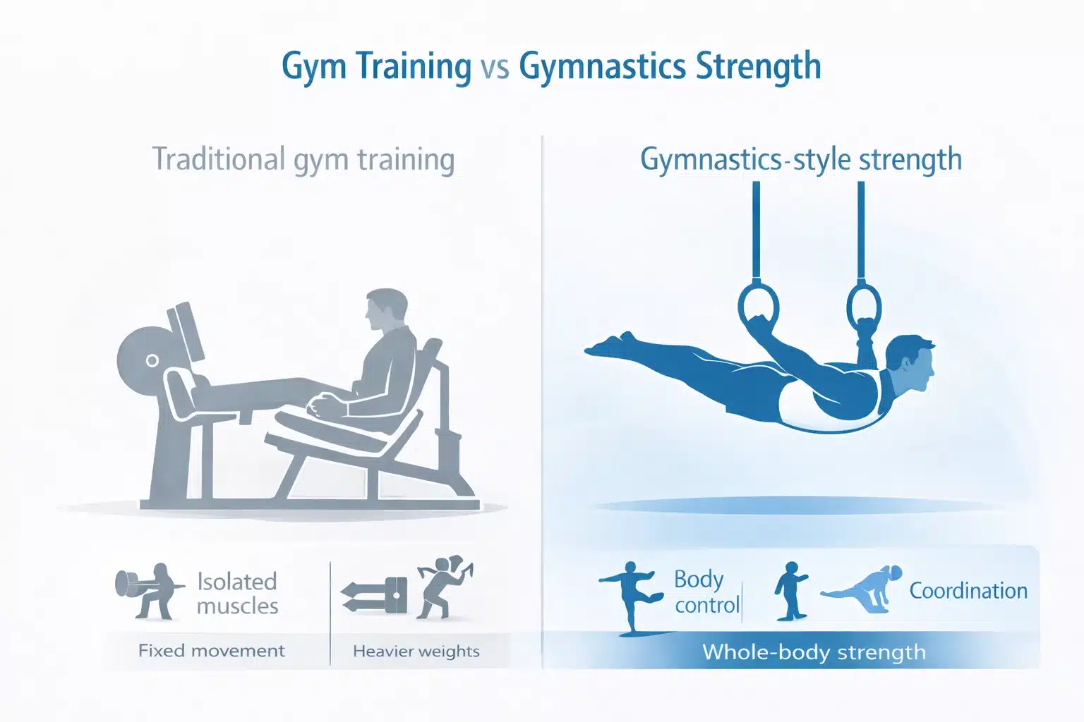 Comparison between traditional gym machine training and gymnastics rings training showing differences in movement, control and coordination.
