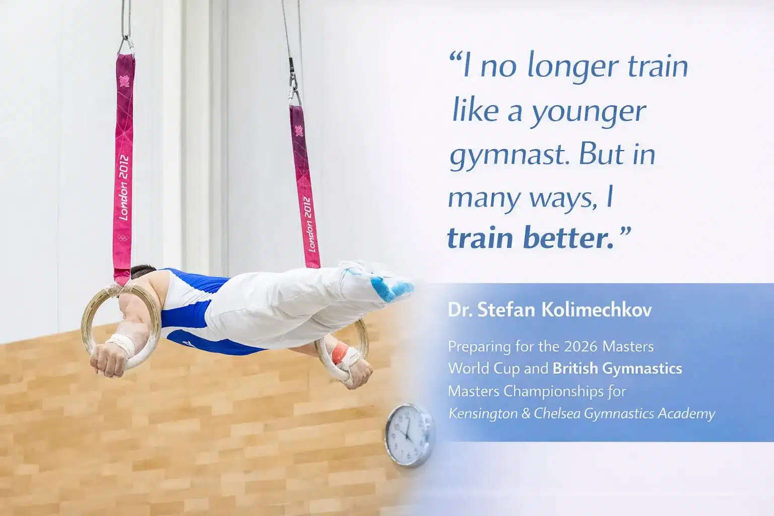 Adult gymnast performing a rings strength hold with a quote about training better rather than training like a younger gymnast.