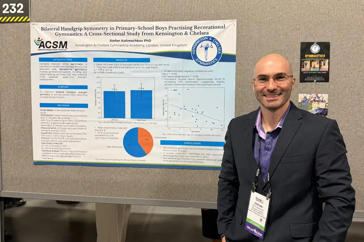 Dr Stefan Kolimechkov standing beside his research poster at the ACSM Annual Meeting 2026 in Salt Lake City, Utah, USA