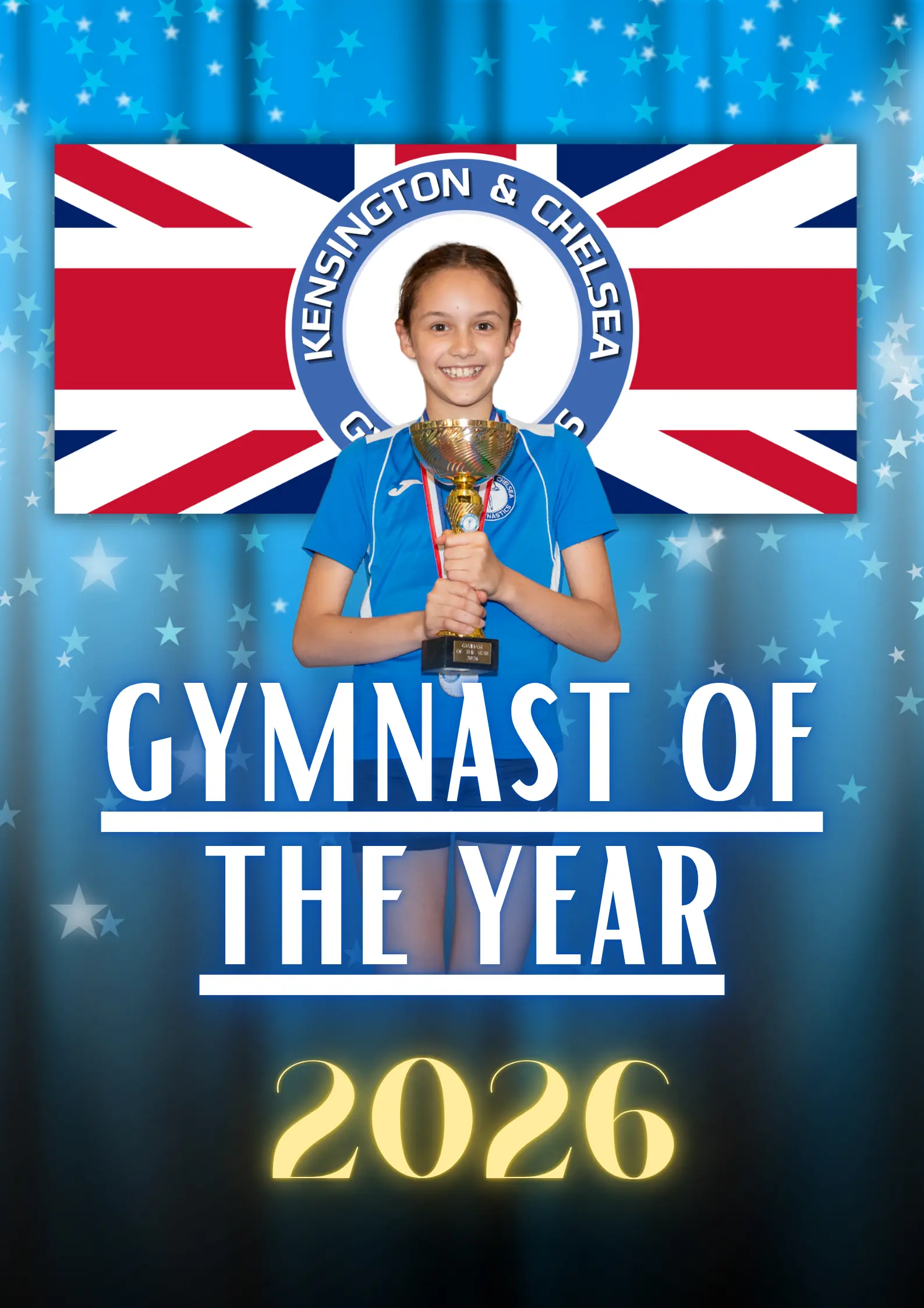 Sofia, KCGA Gymnast of the Year 2026, holding the annual trophy