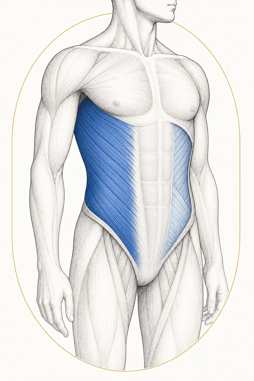 Layered anatomy illustration contrasting the external and internal obliques