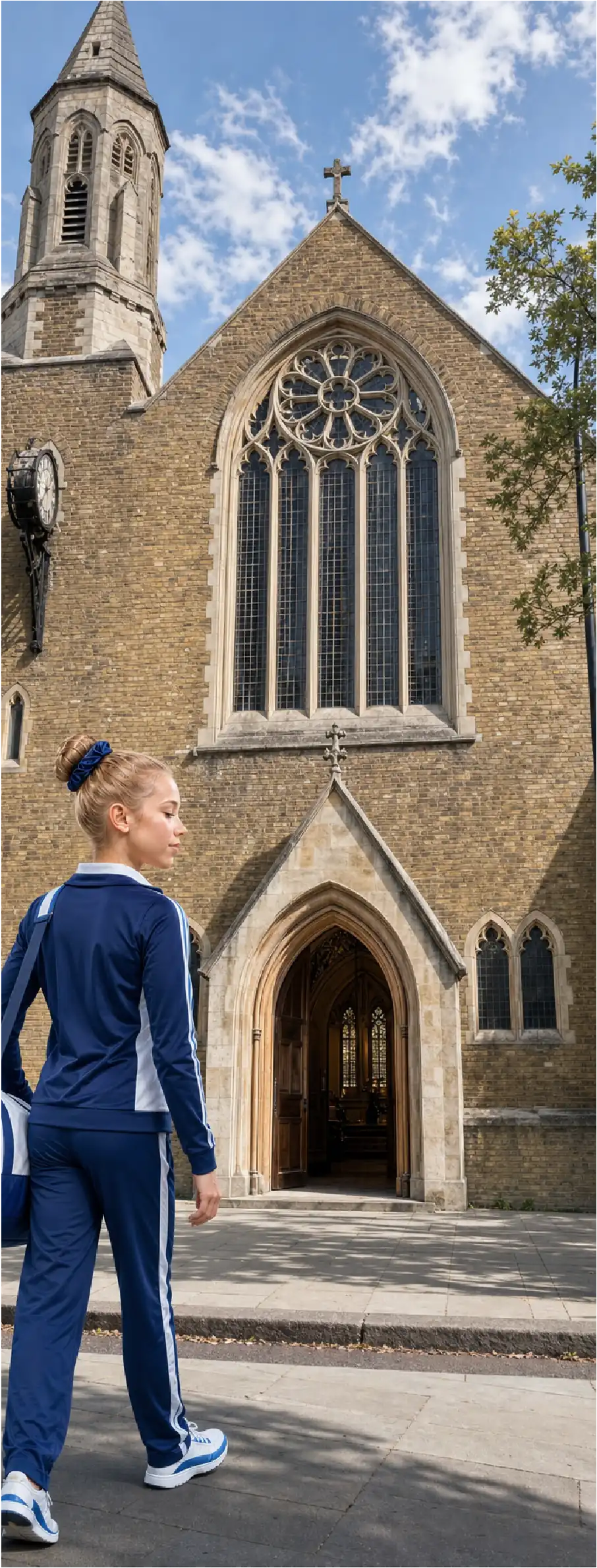 Chelsea arriving with her gymnastics bag at St Philip’s Church in Kensington