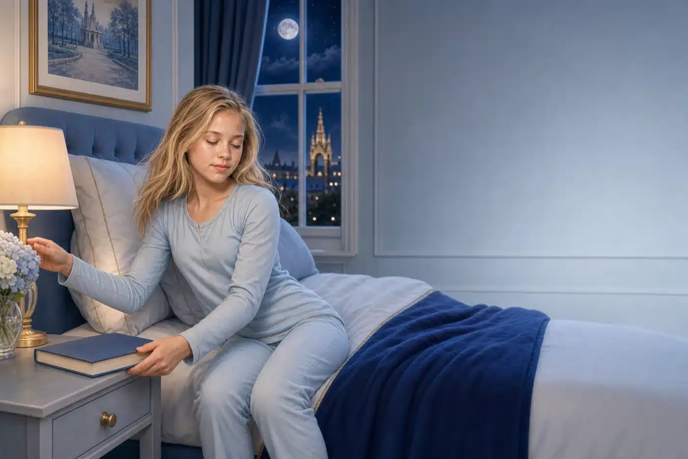 Chelsea calmly putting away a book beside her prepared bed