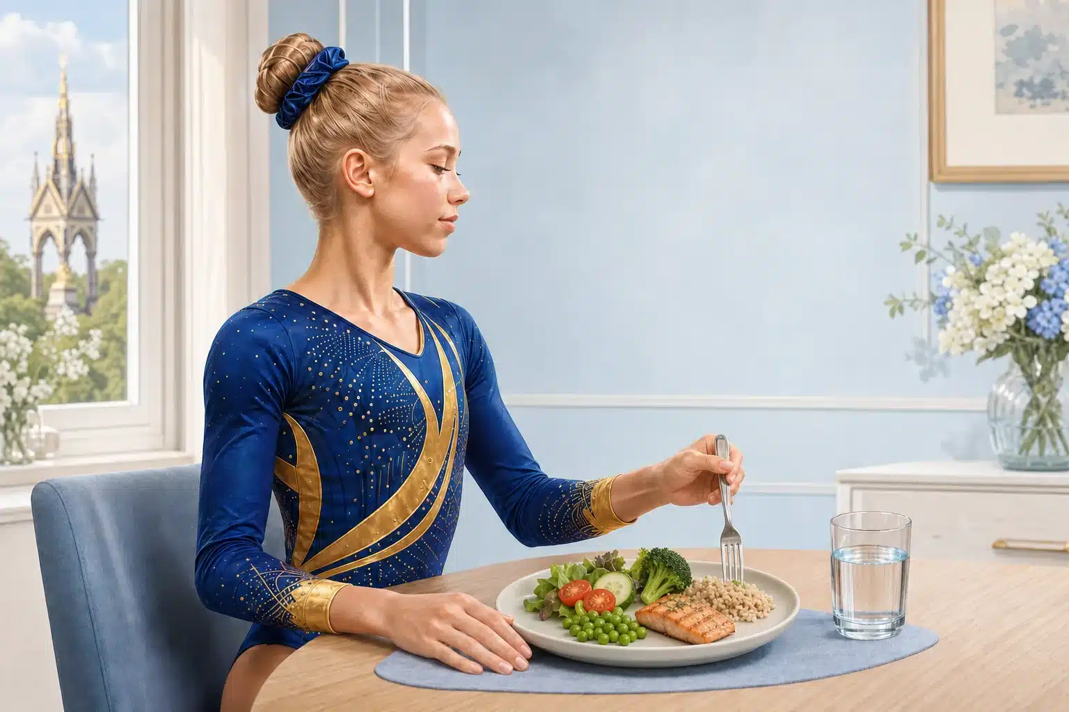 Chelsea eating a healthy meal containing salmon, whole grains and vegetables