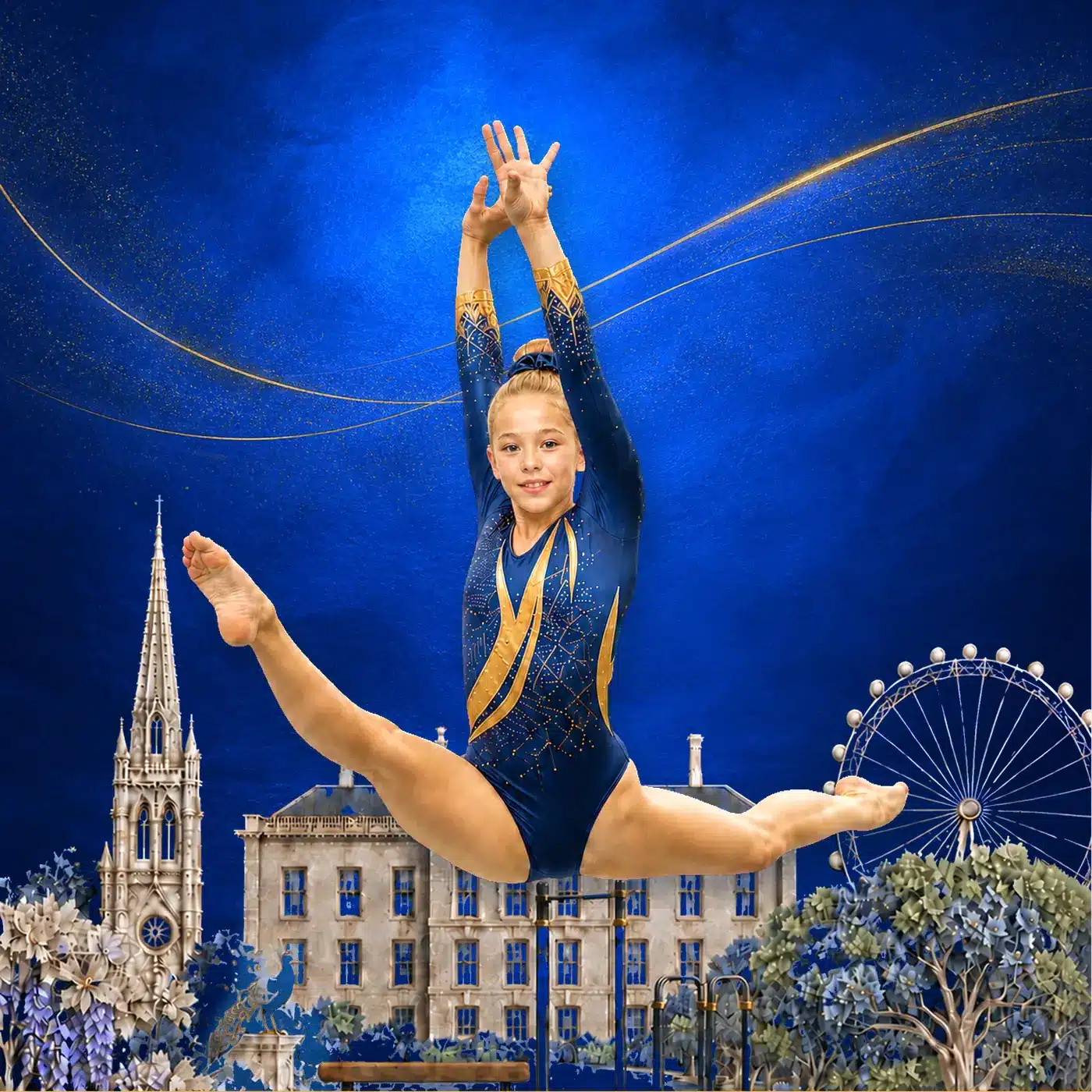 Chelsea performing a split jump above Kensington Palace, a Kensington church and the London Eye.