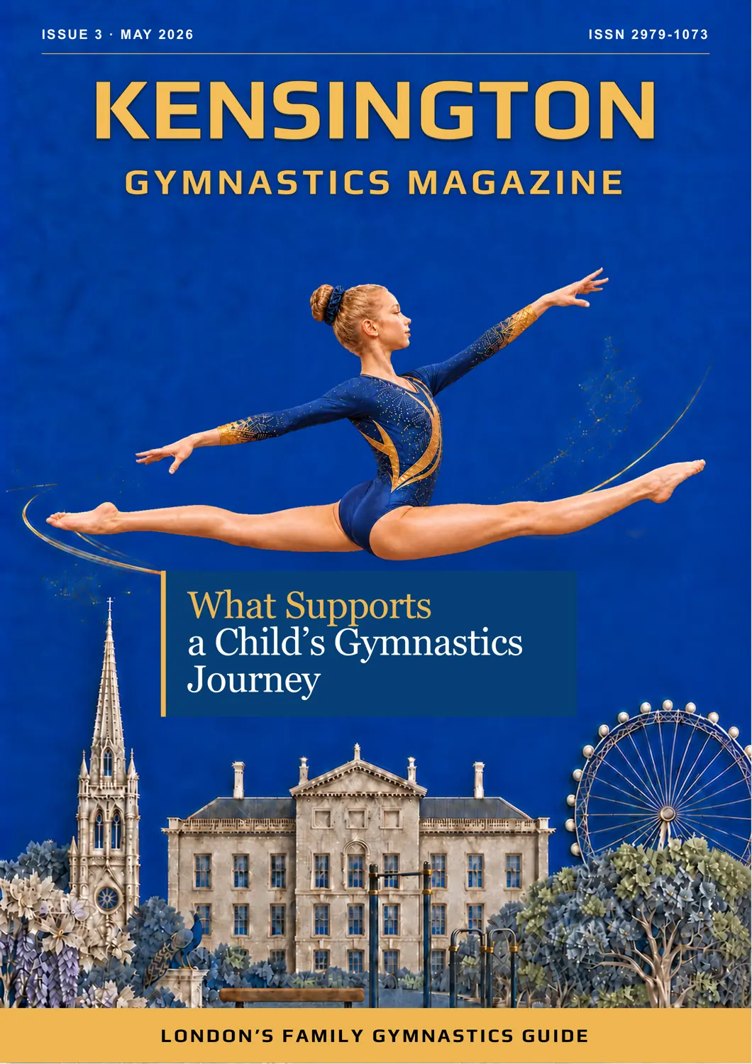 Cover of Kensington Gymnastics Magazine Issue 3, May 2026, featuring Chelsea performing a split leap above the London skyline
