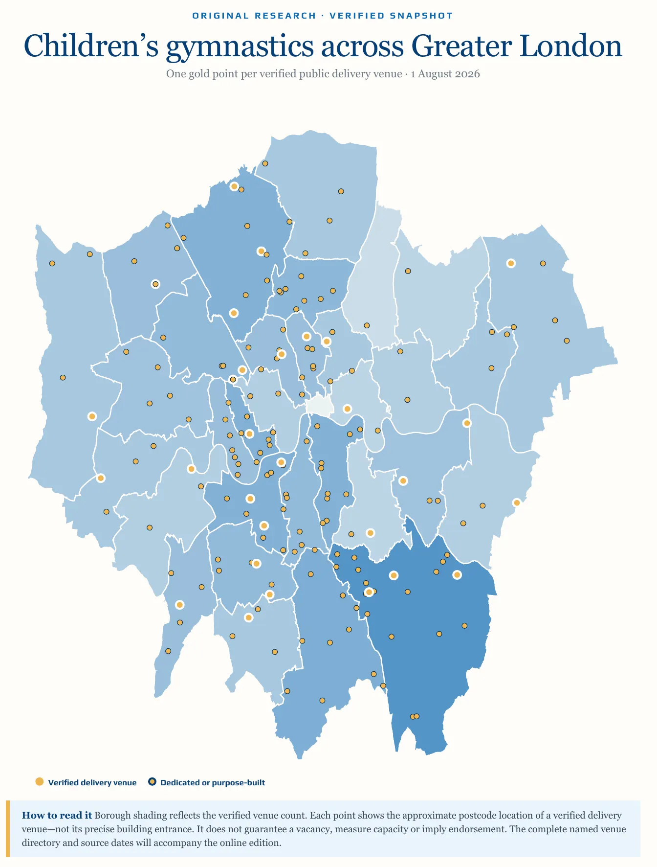 Map of 188 verified children’s gymnastics delivery venues across Greater London, dated 1 August 2026