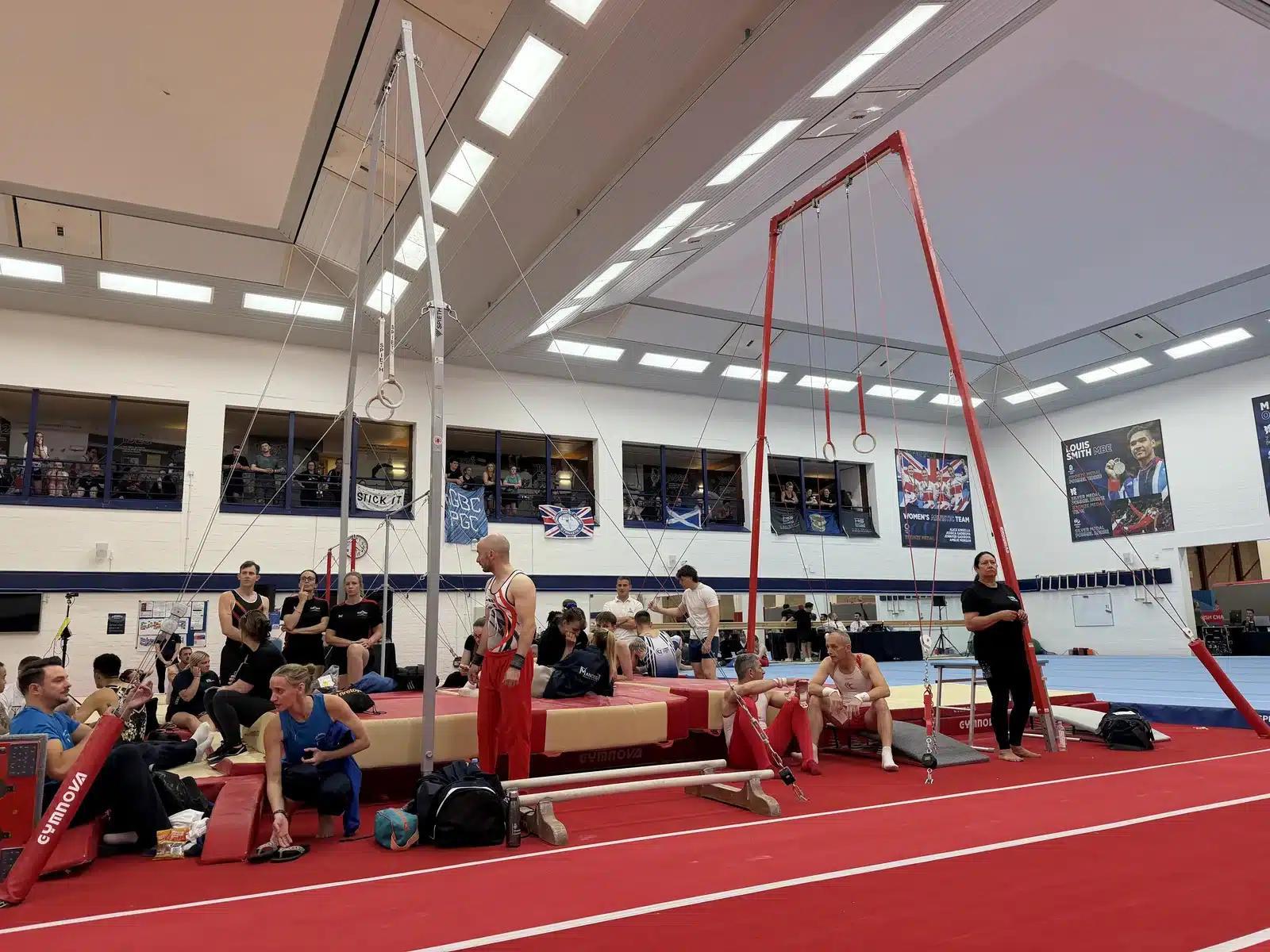 A wide view across the apparatus floor at the 2026 Adult Gymnastics British Championships